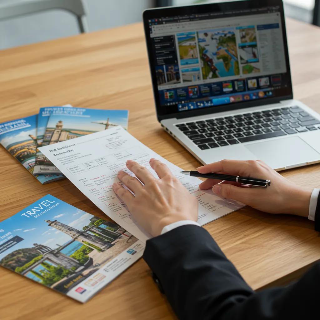 Business professional evaluating travel options, emphasizing agency selection process