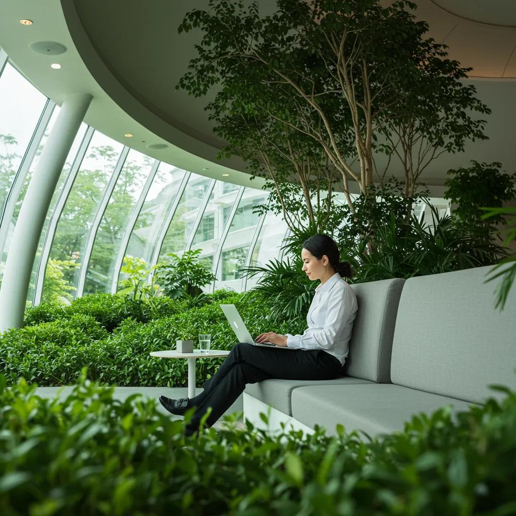 Business traveler in a green setting, highlighting sustainability in corporate travel