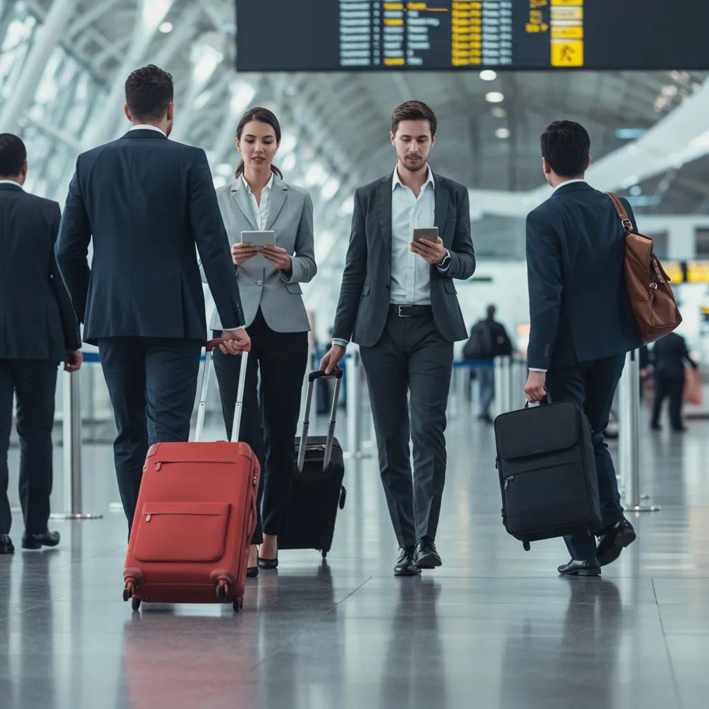 Diverse business travelers in an airport, highlighting corporate travel dynamics-AI Generated Image from Search Atlas SEO
